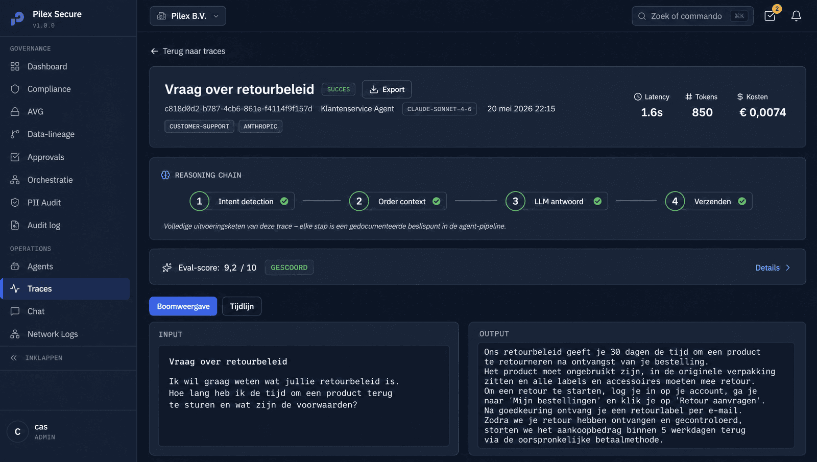 Een trace in detail: de reasoning-chain van een AI-run stap voor stap, met latency, tokens en kosten.